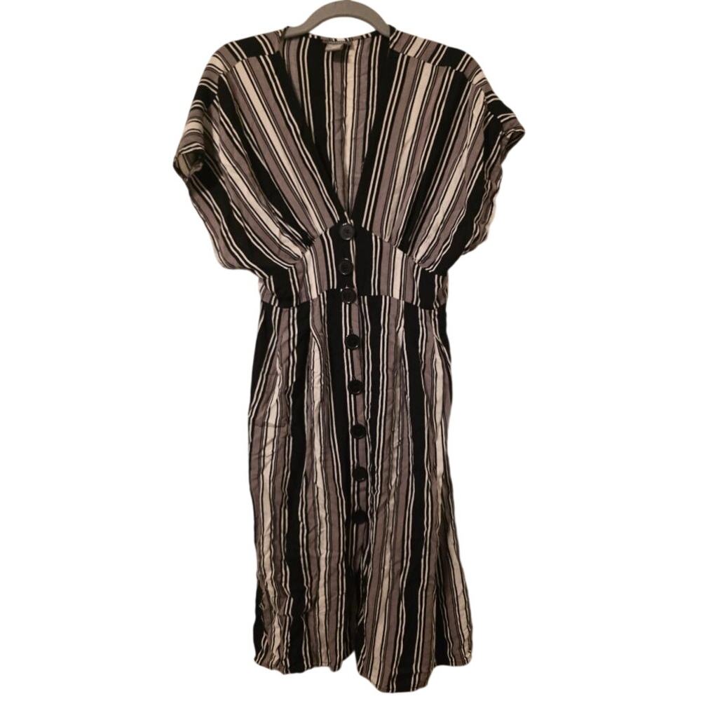 Angie Striped Button Front Midi Dress M Coastal Vacation Casual